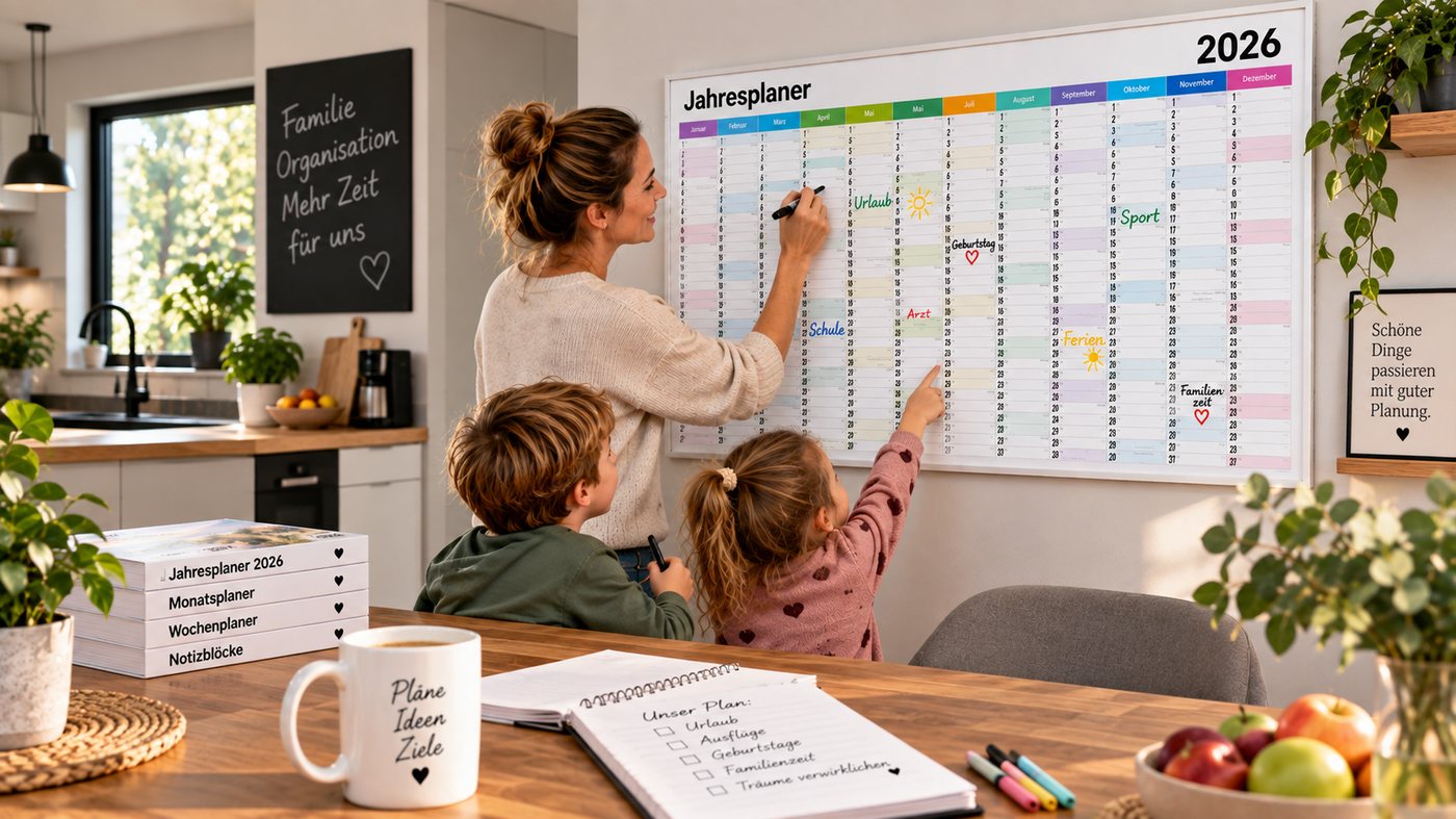 Familie plant gemeinsam am Jahresplaner