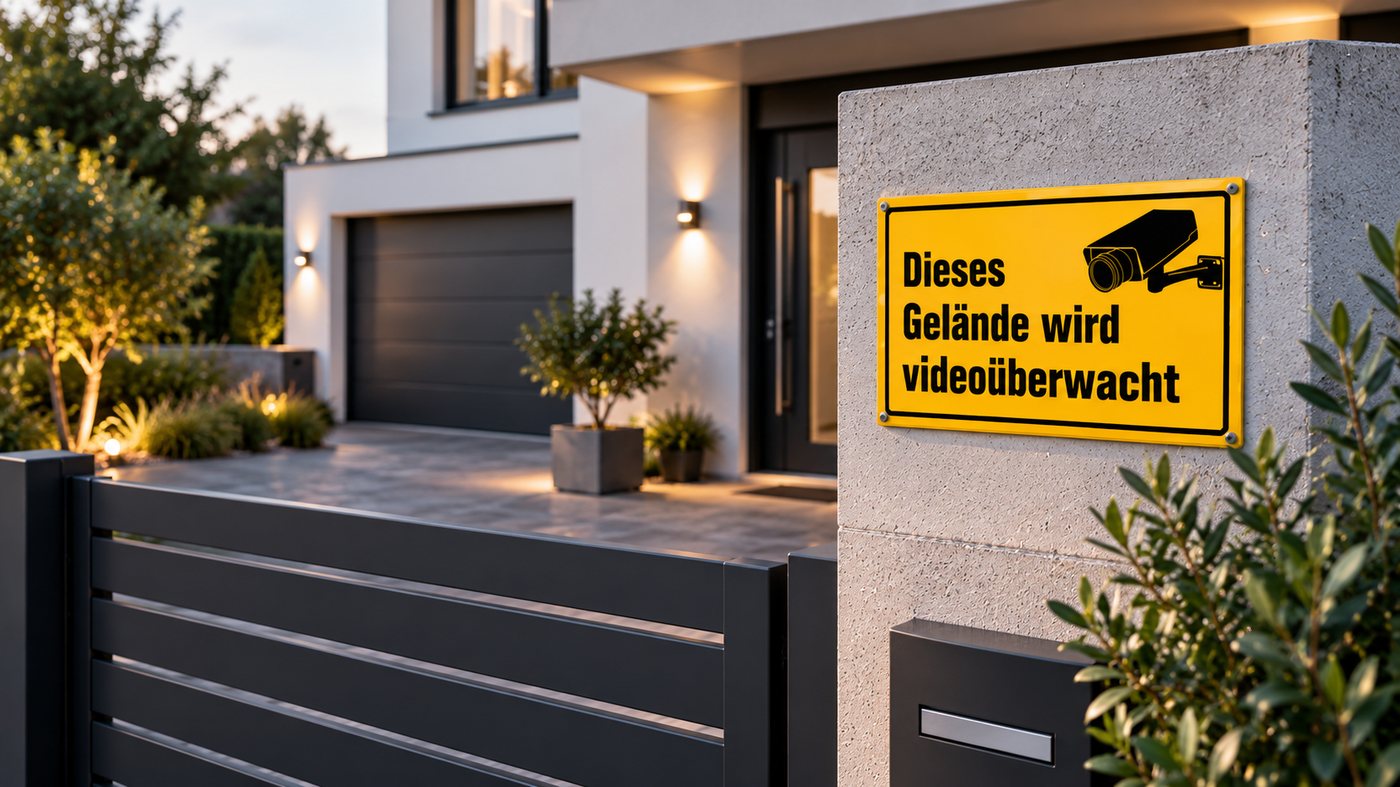 Videoüberwachungsschild an einem Hauseingang montiert